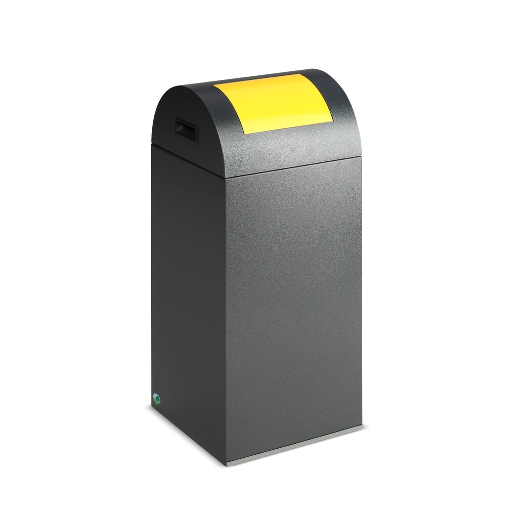 Kringloop afvalbak VAR®, 60 liter, vuurdovend, bak antiek-zilver, deksel rond/geel Product afbeelding: Kringloop afvalbak VAR®, 60 liter, vuurdovend, bak antiek-zilver, deksel rond/geel