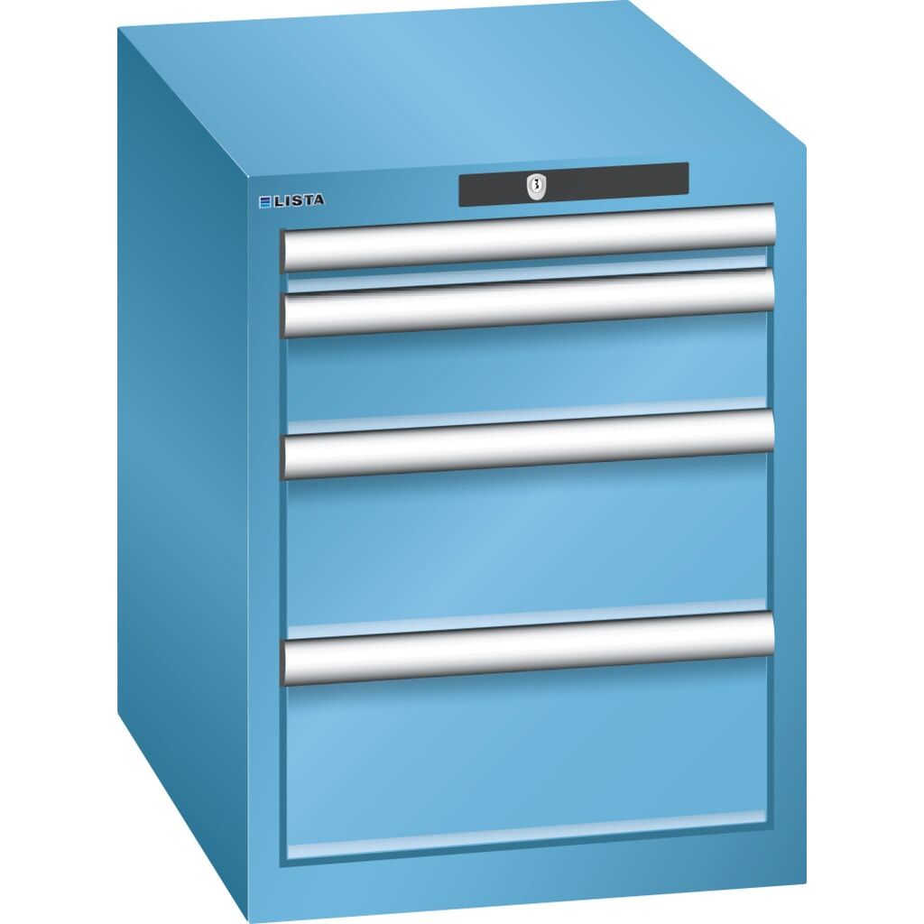 Ladekast LISTA 18x27E, (bxdxh) 411x572x533 mm, 4 lades, 1 x 50 / 1 x 100 / 2 x 150, lichtblauw, KEY Lock Product afbeelding: Ladekast LISTA 18x27E, (bxdxh) 411x572x533 mm, 4 lades, 1 x 50 / 1 x 100 / 2 x 150, lichtblauw, KEY Lock