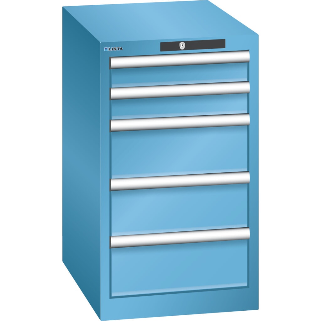Ladekast LISTA 18x27E, (bxdxh) 411x572x700 mm, 5 lades, 2 x 75 / 3 x 150, lichtblauw, KEY Lock Product afbeelding: Ladekast LISTA 18x27E, (bxdxh) 411x572x700 mm, 5 lades, 2 x 75 / 3 x 150, lichtblauw, KEY Lock