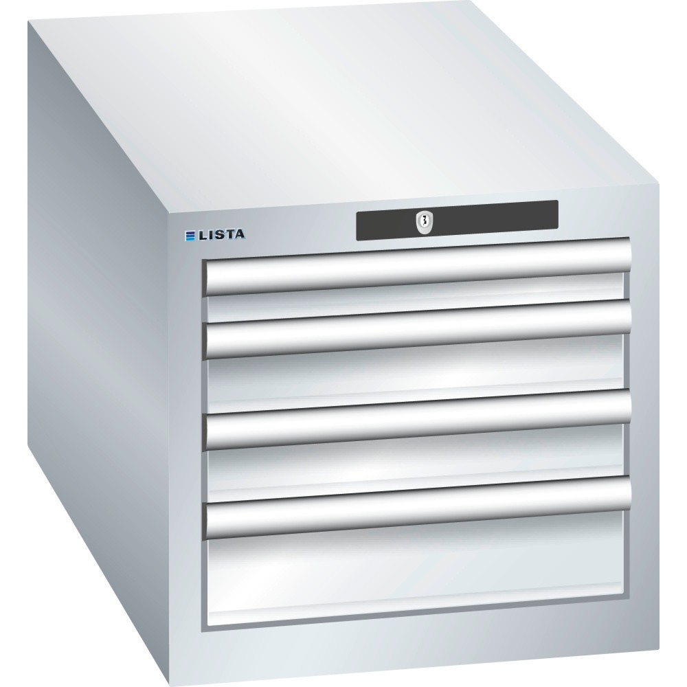 Product afbeelding: Ladekast LISTA 18x36E, (bxdxh) 411x725x383 mm, 4 lades, 1 x 50 / 2 x 75 / 1 x 100, lichtgrijs, KEY Lock