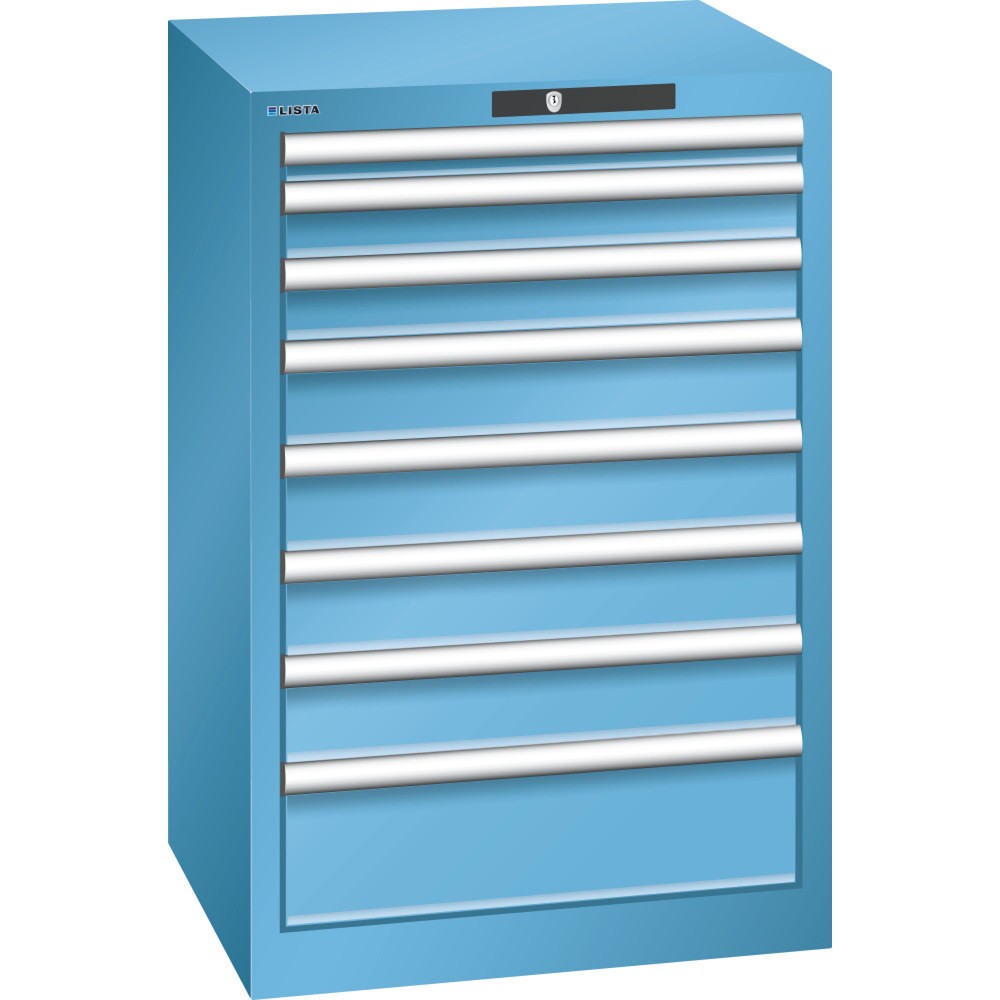 Product afbeelding: Ladekast LISTA 27x27E, (bxdxh) 564x572x850 mm, 8 lades, fronthoogten 50-150 mm, lichtblauw, KEY Lock