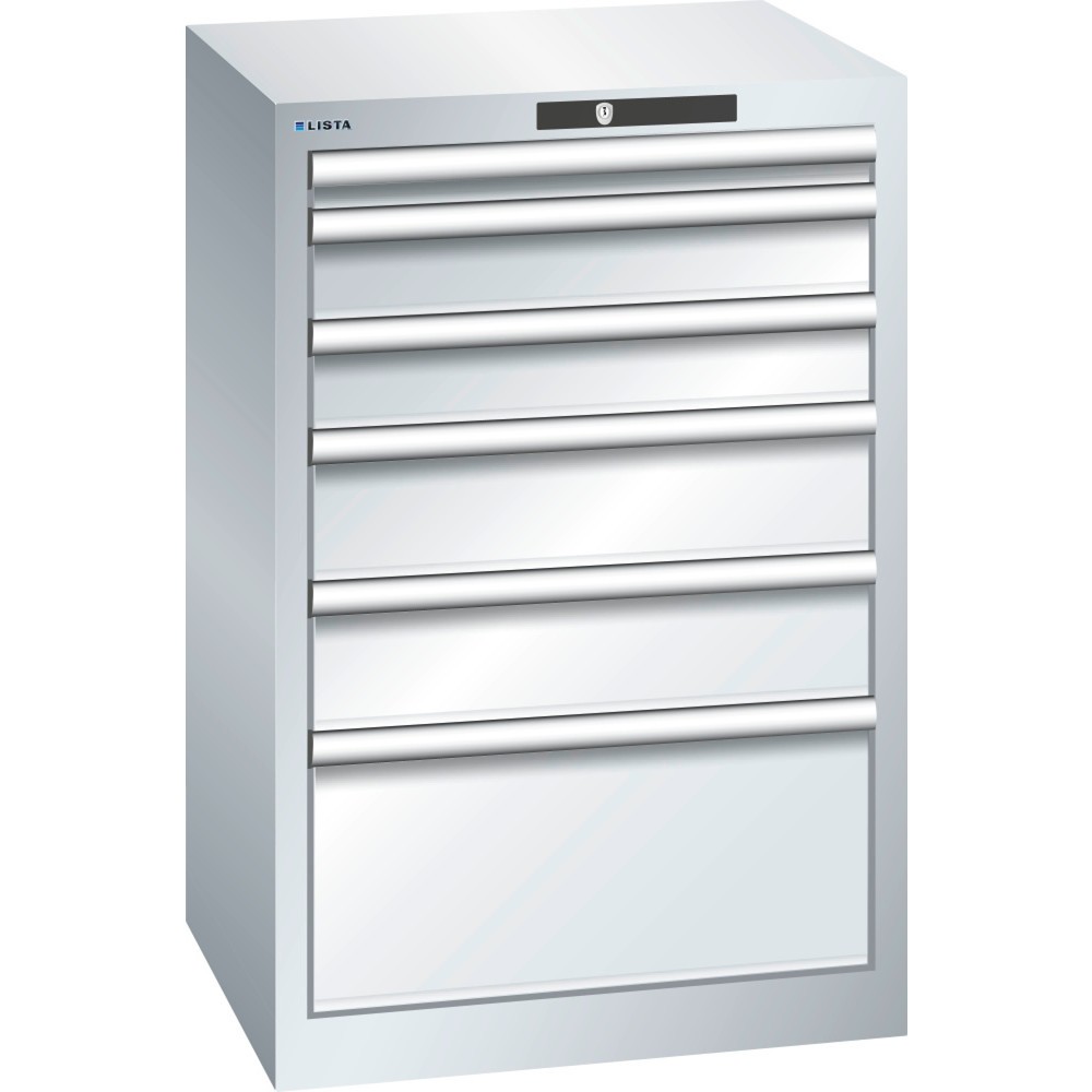 Product afbeelding: Ladekast LISTA 27x27E, (bxdxh) 564x572x850 mm, 6 lades, fronthoogten 50-200 mm, lichtgrijs, RFID Lock