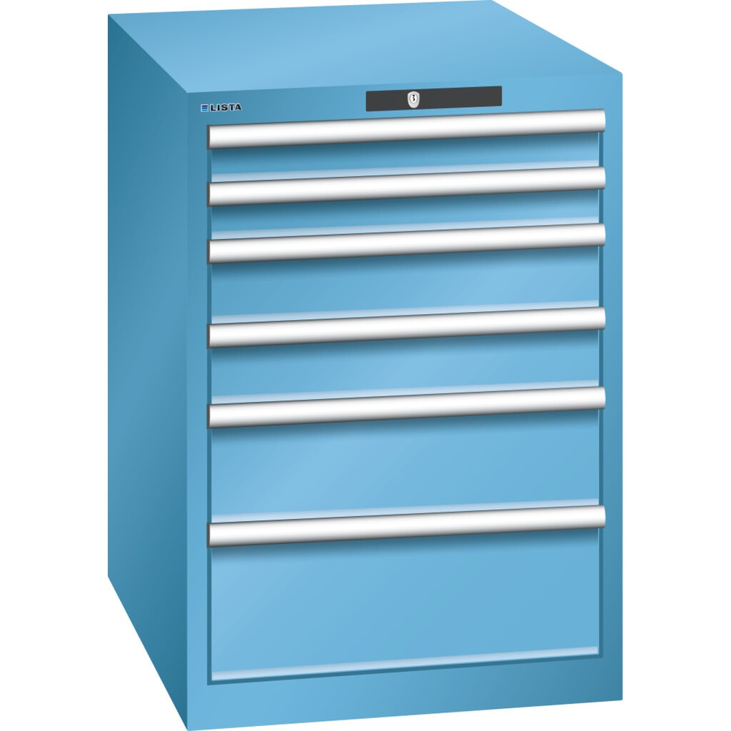 Ladekast LISTA 27x36E, (bxdxh) 564x725x800 mm, 6 lades, fronthoogten 75-200 mm, lichtblauw, KEY Lock Product afbeelding: Ladekast LISTA 27x36E, (bxdxh) 564x725x800 mm, 6 lades, fronthoogten 75-200 mm, lichtblauw, KEY Lock