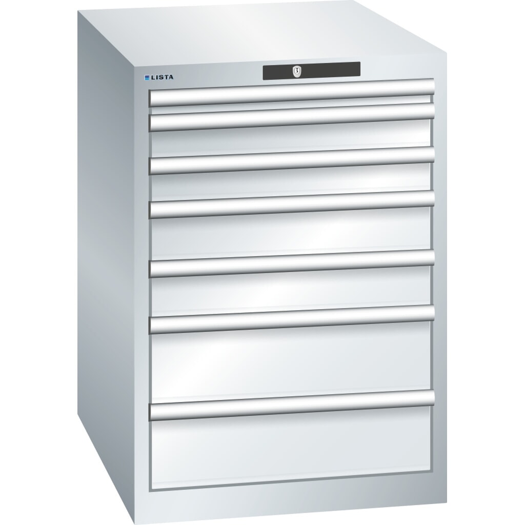 Ladekast LISTA 27x36E, (bxdxh) 564x725x800 mm, 7 lades, fronthoogten 50-150 mm, lichtgrijs, KEY Lock Product afbeelding: Ladekast LISTA 27x36E, (bxdxh) 564x725x800 mm, 7 lades, fronthoogten 50-150 mm, lichtgrijs, KEY Lock