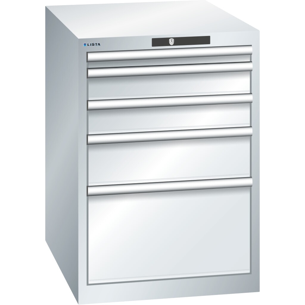 Product afbeelding: Ladekast LISTA 27x36E, (bxdxh) 564x725x800 mm, 5 lades, fronthoogten 50-300 mm, lichtgrijs, KEY Lock