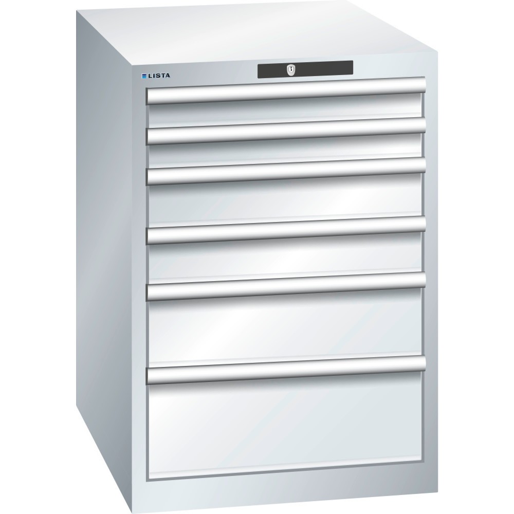 Product afbeelding: Ladekast LISTA 27x36E, (bxdxh) 564x725x800 mm, 6 lades, fronthoogten 75-200 mm, lichtgrijs, RFID Lock