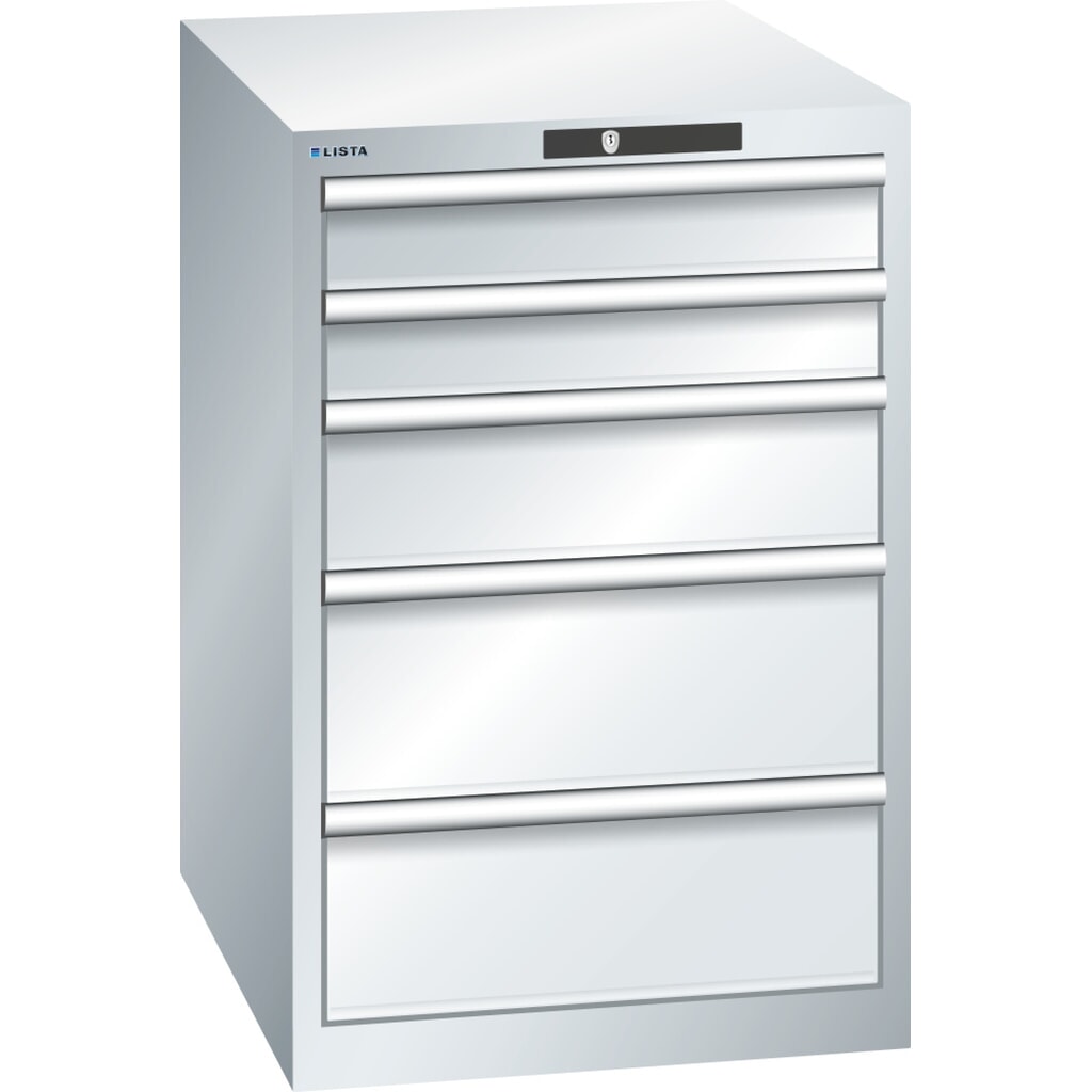 Ladekast LISTA 27x36E, (bxdxh) 564x725x850 mm, 5 lades, 2 x 100 / 1 x 150 / 2 x 200, lichtgrijs, KEY Lock Product afbeelding: Ladekast LISTA 27x36E, (bxdxh) 564x725x850 mm, 5 lades, 2 x 100 / 1 x 150 / 2 x 200, lichtgrijs, KEY Lock