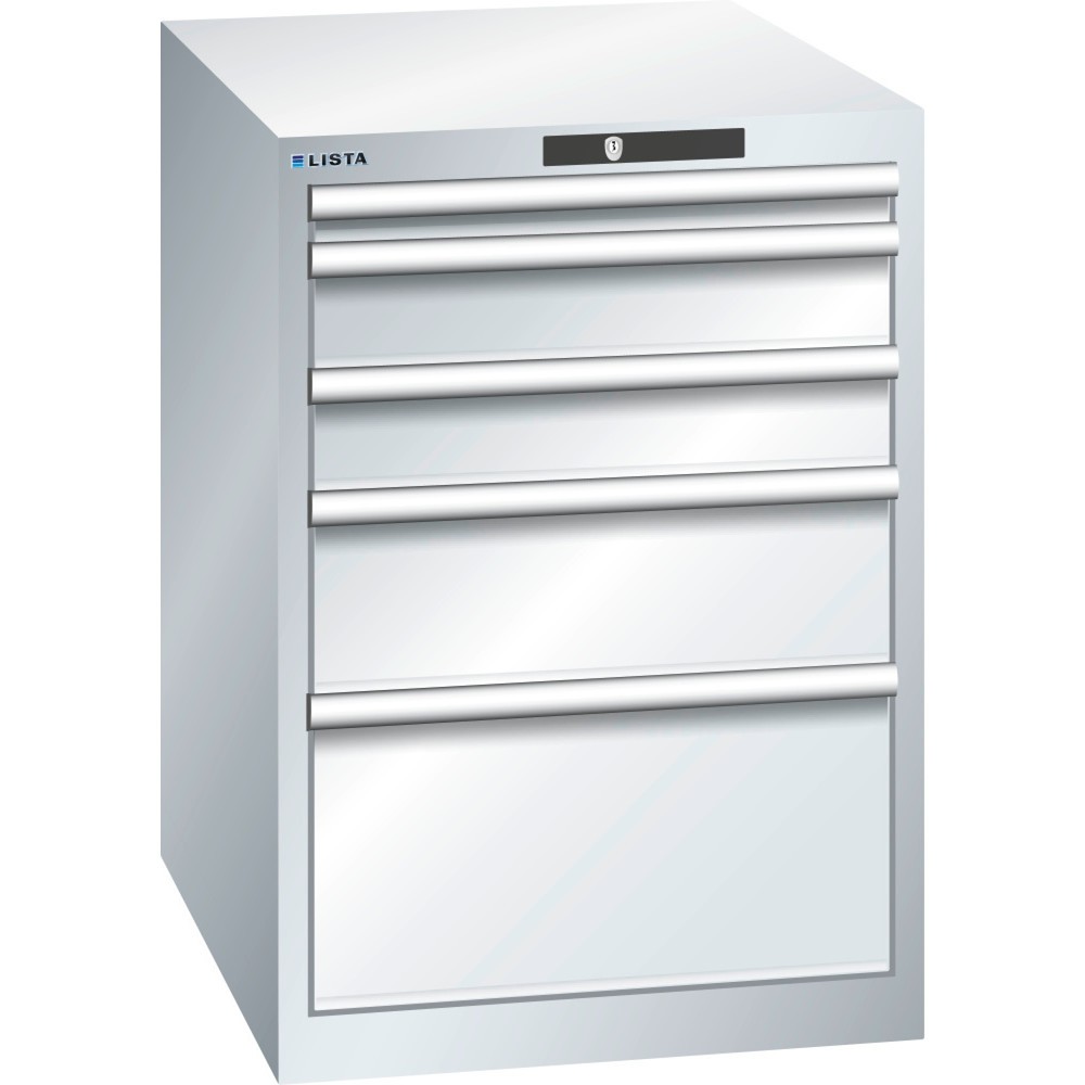 Product afbeelding: Ladekast LISTA 27x36E, (bxdxh) 564x725x850 mm, 5 lades, fronthoogten 50-300 mm, lichtgrijs, KEY Lock