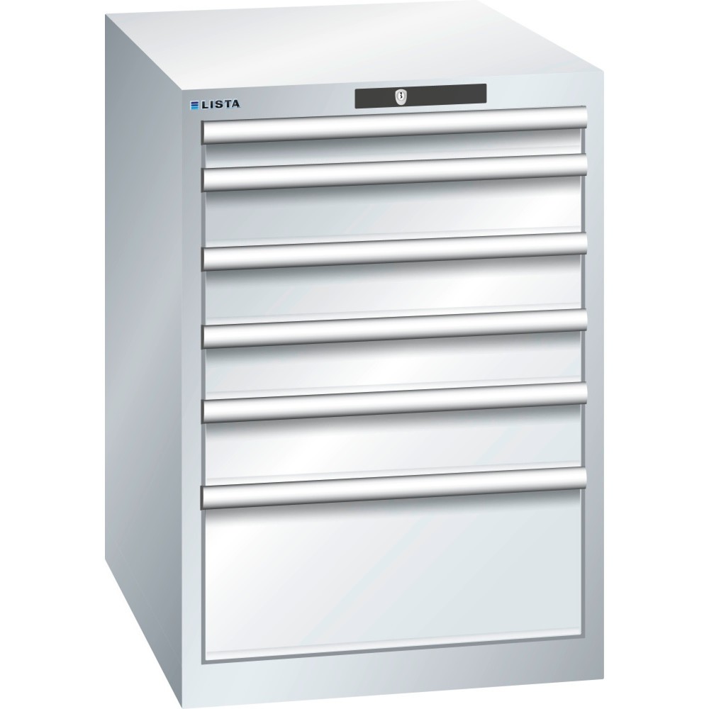 Product afbeelding: Ladekast LISTA 27x36E, (bxdxh) 564x725x850 mm, 6 lades, fronthoogten 75-250 mm, lichtgrijs, KEY Lock