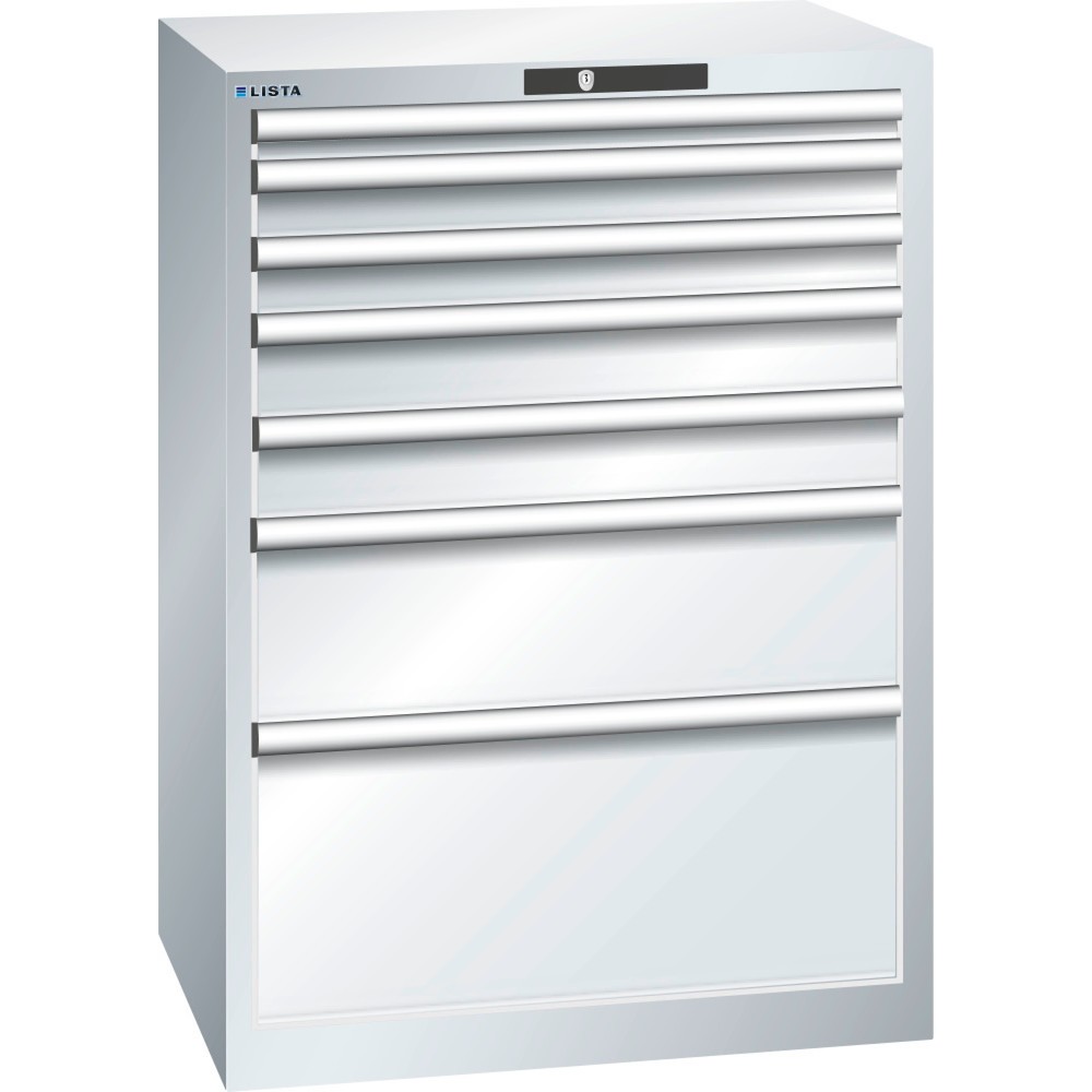 Product afbeelding: Ladekast LISTA 36x27E, (bxdxh) 717x572x1000 mm, 7 lades, fronthoogten 50-300 mm, lichtgrijs, KEY Lock