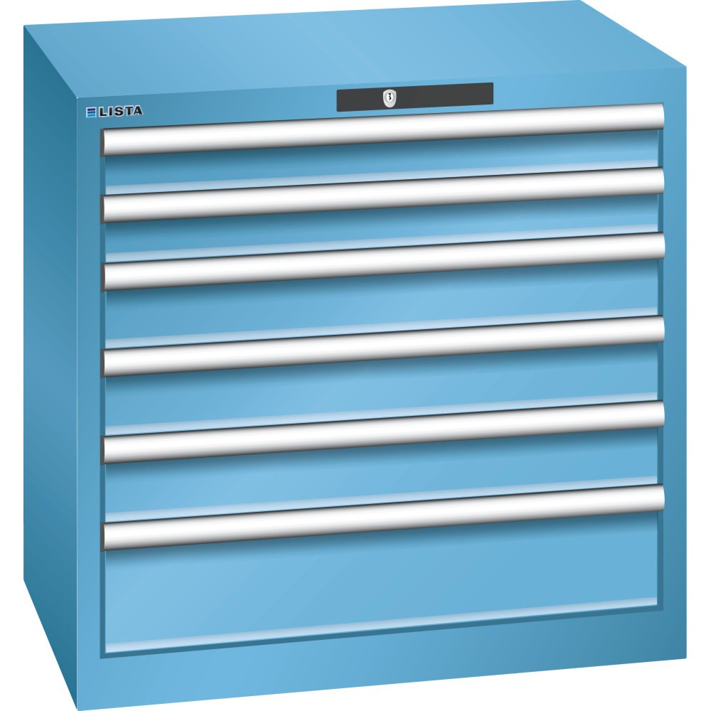 Product afbeelding: Ladekast LISTA 36x27E, (bxdxh) 717x572x700 mm, 6 lades, 2 x 75 / 3 x 100 / 1 x 150, lichtblauw, CODE Lock