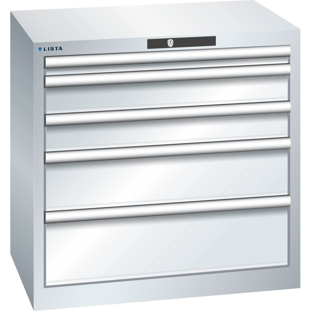 Product afbeelding: Ladekast LISTA 36x27E, (bxdxh) 717x572x700 mm, 5 lades, fronthoogten 50-200 mm, lichtgrijs, KEY Lock
