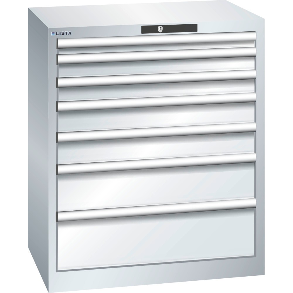 Product afbeelding: Ladekast LISTA 36x27E, (bxdxh) 717x572x850 mm, 7 lades, fronthoogten 50-200 mm, lichtgrijs, KEY Lock