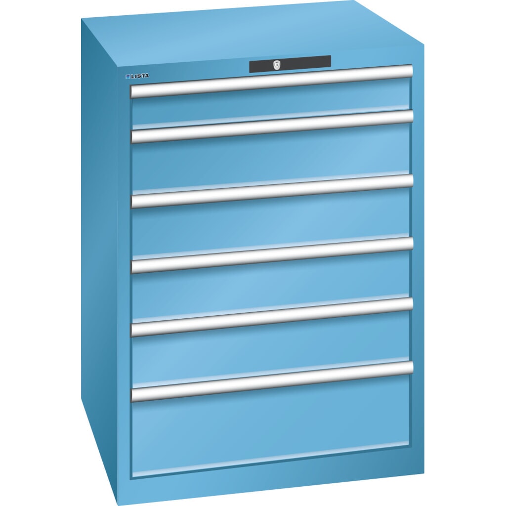 Ladekast LISTA 36x36E, (bxdxh) 717x725x1000 mm, 6 lades draagvermogen 200 kg, lichtblauw, KEY Lock Product afbeelding: Ladekast LISTA 36x36E, (bxdxh) 717x725x1000 mm, 6 lades draagvermogen 200 kg, lichtblauw, KEY Lock