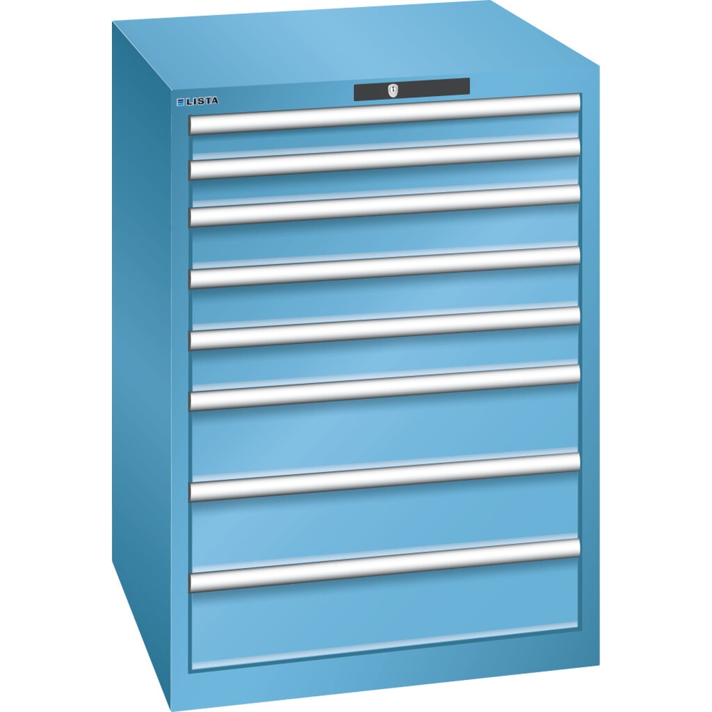Ladekast LISTA 36x36E, (bxdxh) 717x725x1000 mm, 8 lades, 2 x 75 / 3 x 100 / 3 x 150, lichtblauw, KEY Lock Product afbeelding: Ladekast LISTA 36x36E, (bxdxh) 717x725x1000 mm, 8 lades, 2 x 75 / 3 x 100 / 3 x 150, lichtblauw, KEY Lock