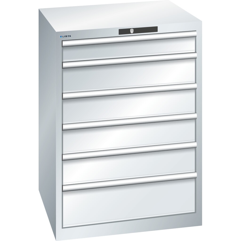 Ladekast LISTA 36x36E, (bxdxh) 717x725x1000 mm, 6 lades, 1 x 100 / 4 x 150 / 1 x 200, lichtgrijs, KEY Lock Product afbeelding: Ladekast LISTA 36x36E, (bxdxh) 717x725x1000 mm, 6 lades, 1 x 100 / 4 x 150 / 1 x 200, lichtgrijs, KEY Lock