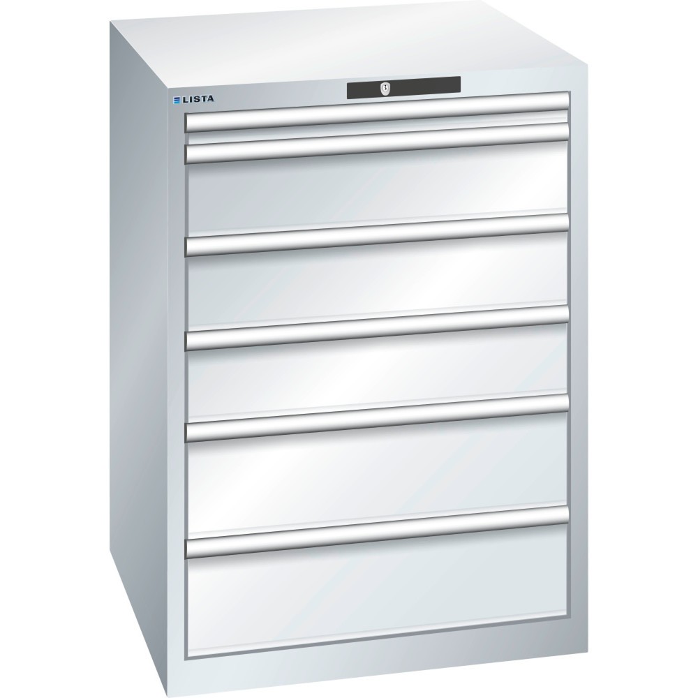 Product afbeelding: Ladekast LISTA 36x36E, (bxdxh) 717x725x1000 mm, 6 lades, 1 x 50 / 3 x 150 / 2 x 200, lichtgrijs, KEY Lock