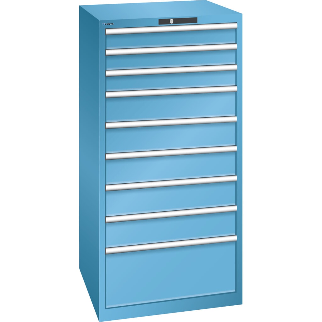 Product afbeelding: Ladekast LISTA 36x36E, (bxdxh) 717x725x1450 mm, 9 lades, 3 x 100 / 5 x 150 / 1 x 300, lichtblauw, KEY Lock