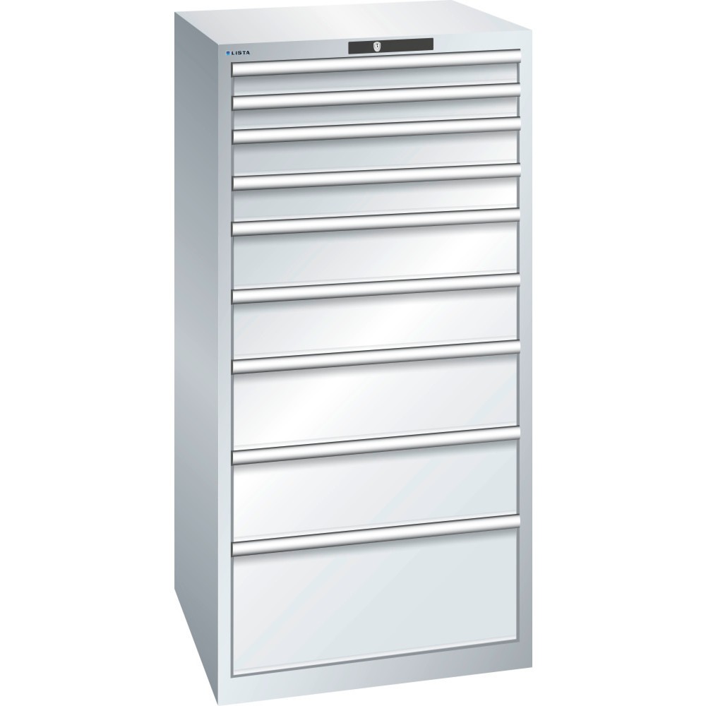 Product afbeelding: Ladekast LISTA 36x36E, (bxdxh) 717x725x1450 mm, 9 lades, fronthoogten 75-300 mm, lichtgrijs, KEY Lock