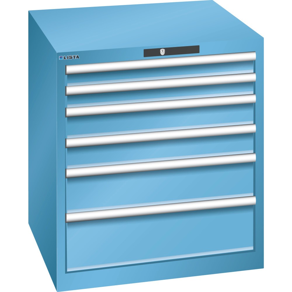 Product afbeelding: Ladekast LISTA 36x36E, (bxdxh) 717x725x800 mm, 6 lades, fronthoogten 75-200 mm, lichtblauw, KEY Lock