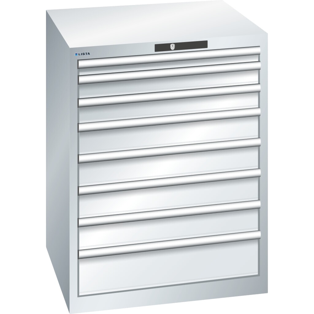 Product afbeelding: Ladekast LISTA 36x36E, (bxdxh) 717x725x850 mm, 8 lades, fronthoogten 50-150 mm, lichtgrijs, KEY Lock