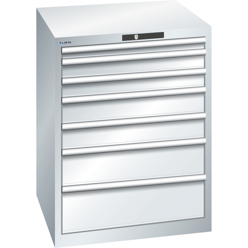 Product afbeelding: Ladekast LISTA 36x36E, (bxdxh) 717x725x850 mm, 7 lades, fronthoogten 50-200 mm, lichtgrijs, KEY Lock