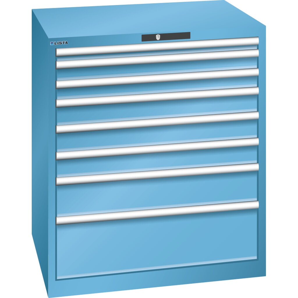 Ladekast LISTA 45x36E, (bxdxh) 870x725x1000 mm, 8 lades, fronthoogten 50-250 mm, lichtblauw, KEY Lock Product afbeelding: Ladekast LISTA 45x36E, (bxdxh) 870x725x1000 mm, 8 lades, fronthoogten 50-250 mm, lichtblauw, KEY Lock
