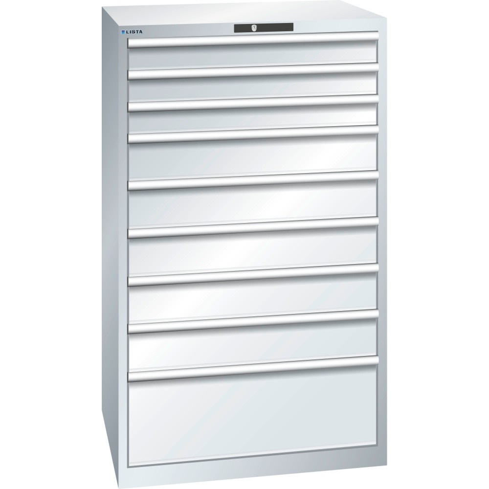 Product afbeelding: Ladekast LISTA 45x36E, (bxdxh) 870x725x1450 mm, 9 lades, 3 x 100 / 5 x 150 / 1 x 300, lichtgrijs, KEY Lock