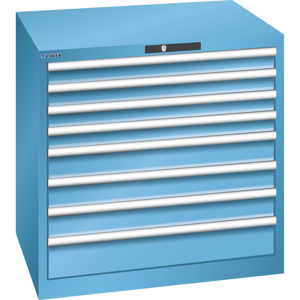 Ladekast LISTA 45x36E, (bxdxh) 870x725x850 mm, 8 lades, 4 x 75 / 3 x 100 / 1 x 150, lichtblauw, KEY Lock Product afbeelding: Ladekast LISTA 45x36E, (bxdxh) 870x725x850 mm, 8 lades, 4 x 75 / 3 x 100 / 1 x 150, lichtblauw, KEY Lock