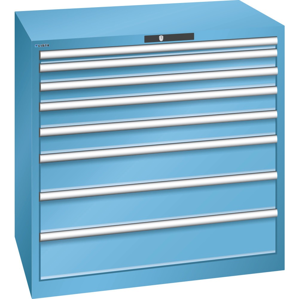 Product afbeelding: Ladekast LISTA 54x36E, (bxdxh) 1023x725x1000 mm, 8 lades, fronthoogten 50-200 mm, lichtblauw, CODE Lock
