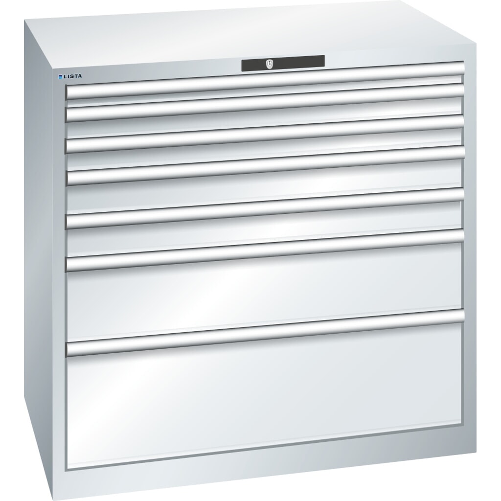 Product afbeelding: Ladekast LISTA 54x36E, (bxdxh) 1023x725x1000 mm, 7 lades, fronthoogten 50-300 mm, lichtgrijs, KEY Lock