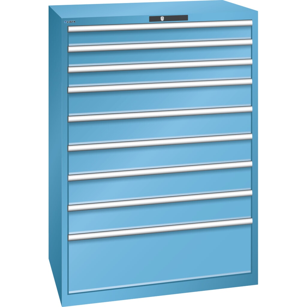 Ladekast LISTA 54x36E, (bxdxh) 1023x725x1450 mm, 9 lades, 3 x 100 / 5 x 150 / 1 x 300, lichtblauw, KEY Lock Product afbeelding: Ladekast LISTA 54x36E, (bxdxh) 1023x725x1450 mm, 9 lades, 3 x 100 / 5 x 150 / 1 x 300, lichtblauw, KEY Lock