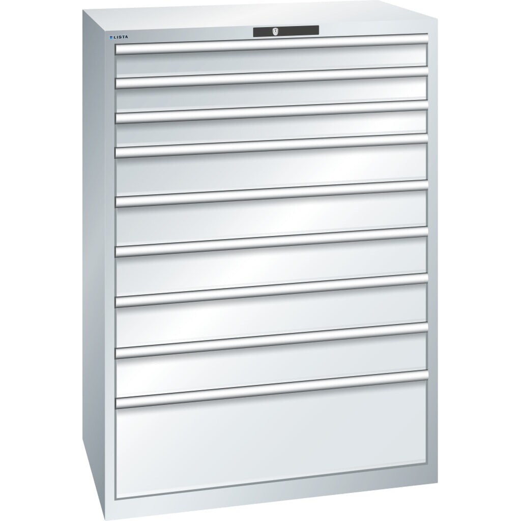 Ladekast LISTA 54x36E, (bxdxh) 1023x725x1450 mm, 9 lades draagvermogen 200 kg, lichtgrijs, KEY Lock Product afbeelding: Ladekast LISTA 54x36E, (bxdxh) 1023x725x1450 mm, 9 lades draagvermogen 200 kg, lichtgrijs, KEY Lock