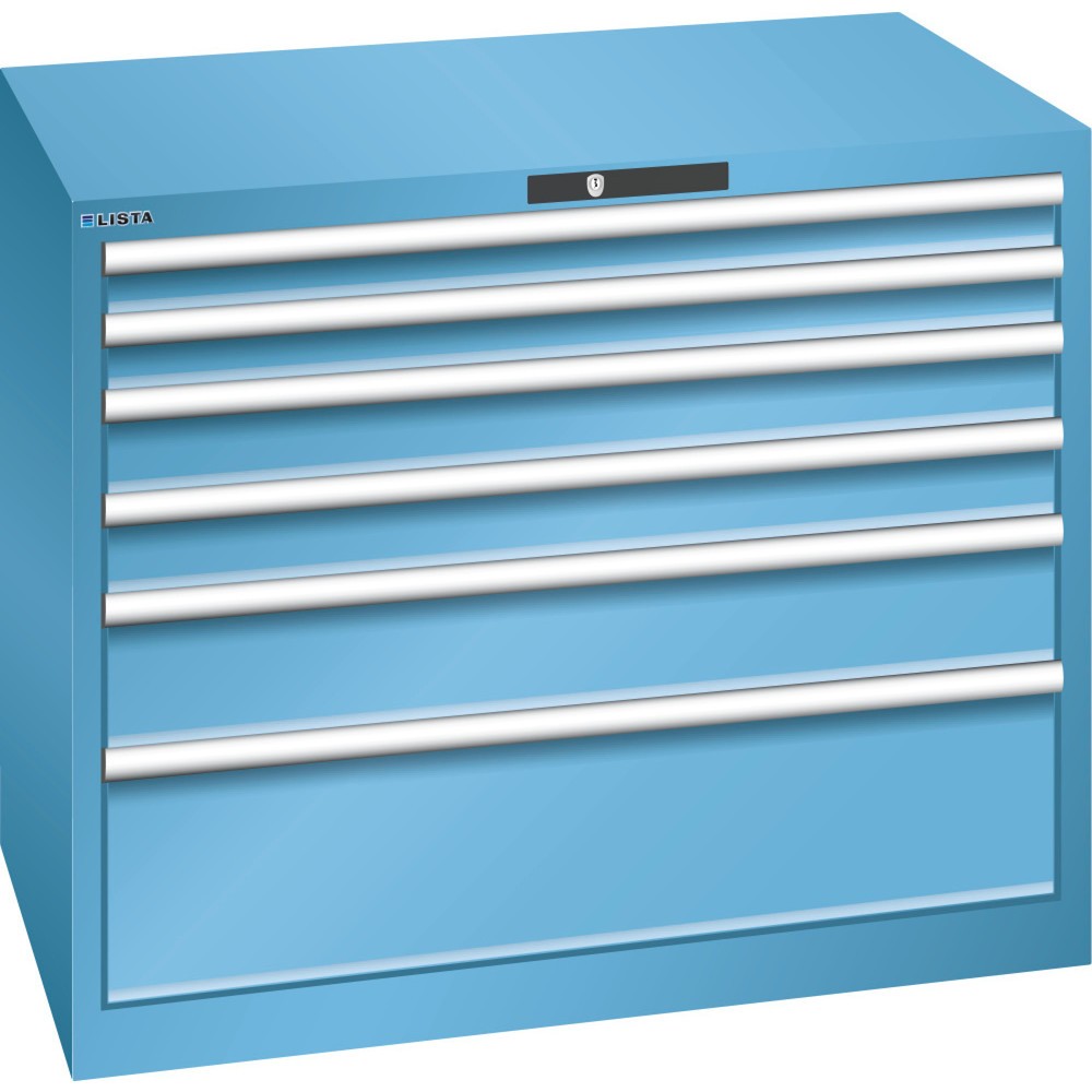 Product afbeelding: Ladekast LISTA 54x36E, (bxdxh) 1023x725x850 mm, 6 lades, fronthoogten 75-250 mm, lichtblauw, AUTO Lock
