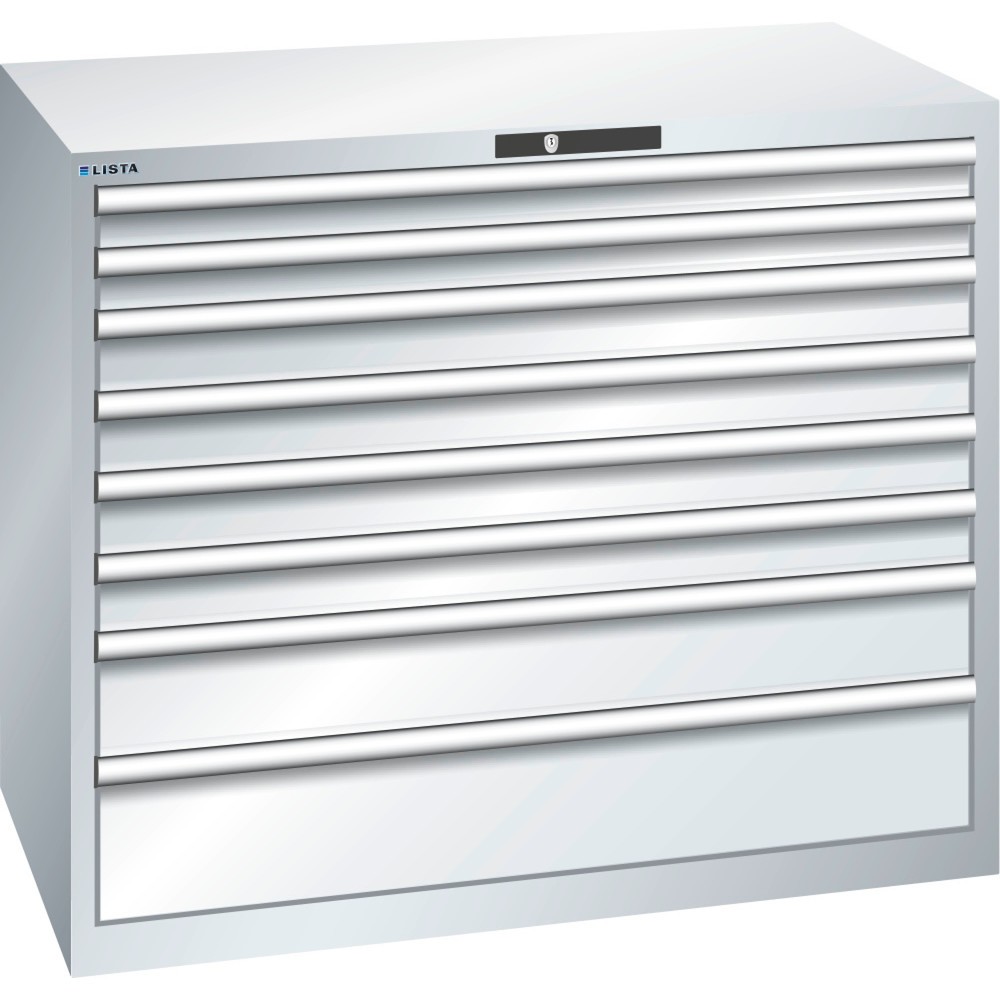 Product afbeelding: Ladekast LISTA 64x36E, (bxdxh) 1193x725x1000 mm, 8 lades, fronthoogten 75-200 mm, lichtgrijs, KEY Lock