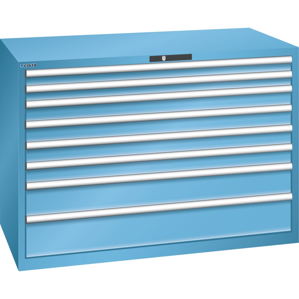 Ladekast LISTA 78x36E, (bxdxh) 1431x725x1000 mm, 8 lades, fronthoogten 75-200 mm, lichtblauw, KEY Lock Product afbeelding: Ladekast LISTA 78x36E, (bxdxh) 1431x725x1000 mm, 8 lades, fronthoogten 75-200 mm, lichtblauw, KEY Lock