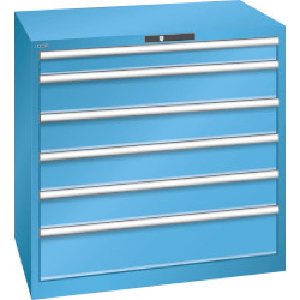 Ladekast LISTA, lades 1x100 + 4x150 + 1x200 mm, draagvermogen elk 200 kg, lichtblauw Product afbeelding: Ladekast LISTA, lades 1x100 + 4x150 + 1x200 mm, draagvermogen elk 200 kg, lichtblauw
