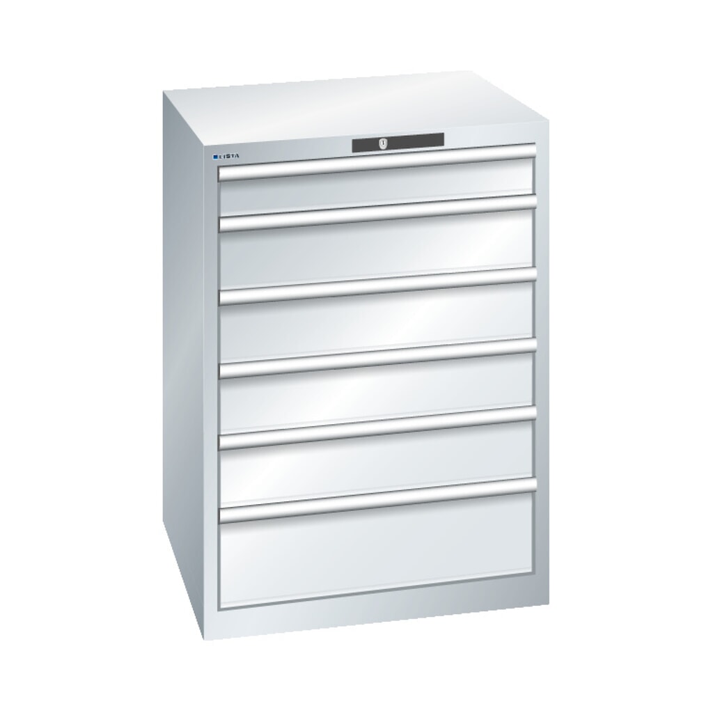 Ladekast LISTA, lades 1x100 + 4x150 + 1x200 mm, draagvermogen 75 kg, lichtblauw Product afbeelding: Ladekast LISTA, lades 1x100 + 4x150 + 1x200 mm, draagvermogen 75 kg, lichtblauw