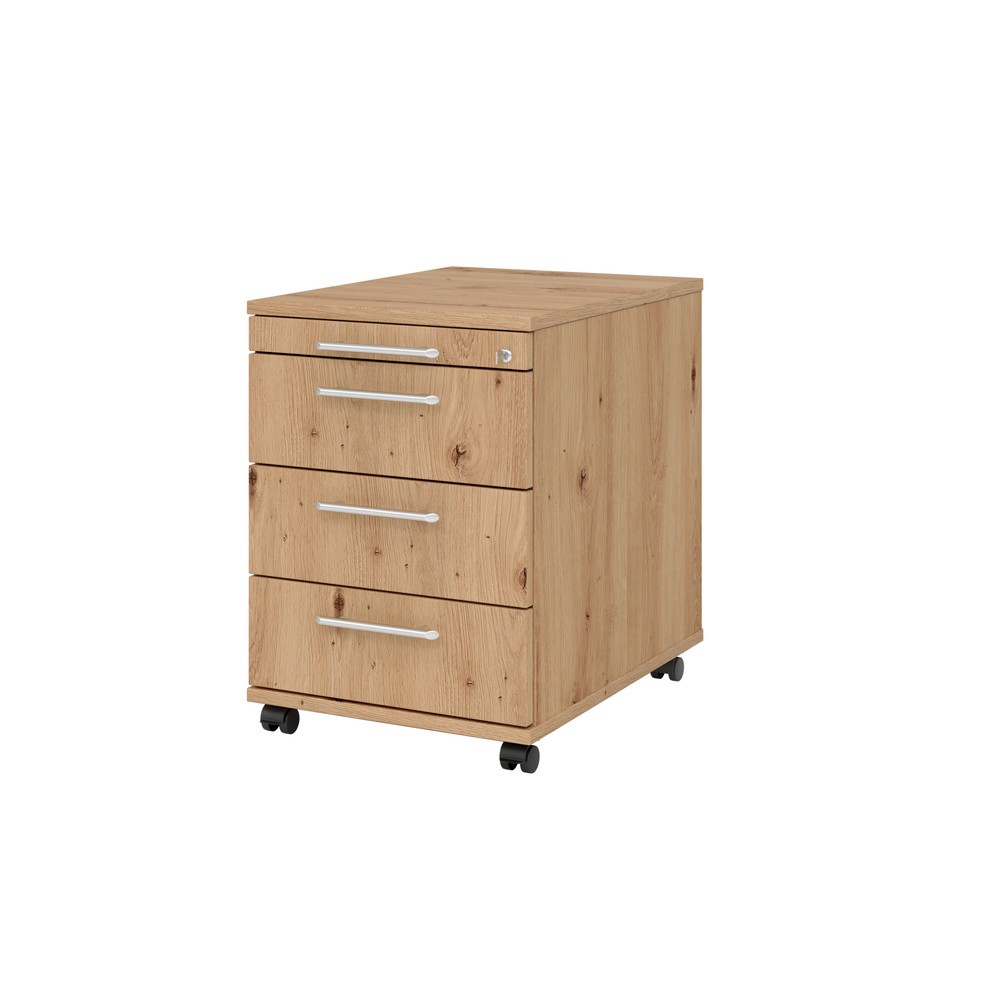 Product afbeelding: Ladekast op wielen Hammerbacher 58 cm, 3 lades, slot RE knoestig eiken