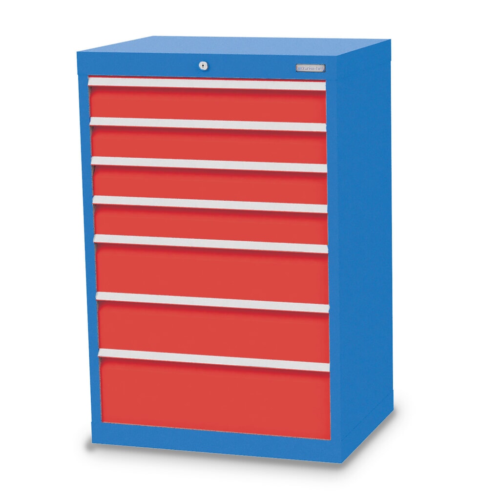 Ladekast Profi, laden 4x100 + 2x150 + 1x200 mm, breedte 680 mm, lichtblauw, verkeersrood Product afbeelding: Ladekast Profi, laden 4x100 + 2x150 + 1x200 mm, breedte 680 mm, lichtblauw, verkeersrood