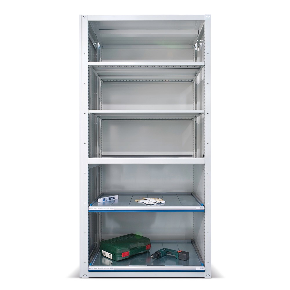 Product afbeelding: Ladestelling LISTA Premium, basiselement, 2 uitschuifbare legborden, lichtgrijs