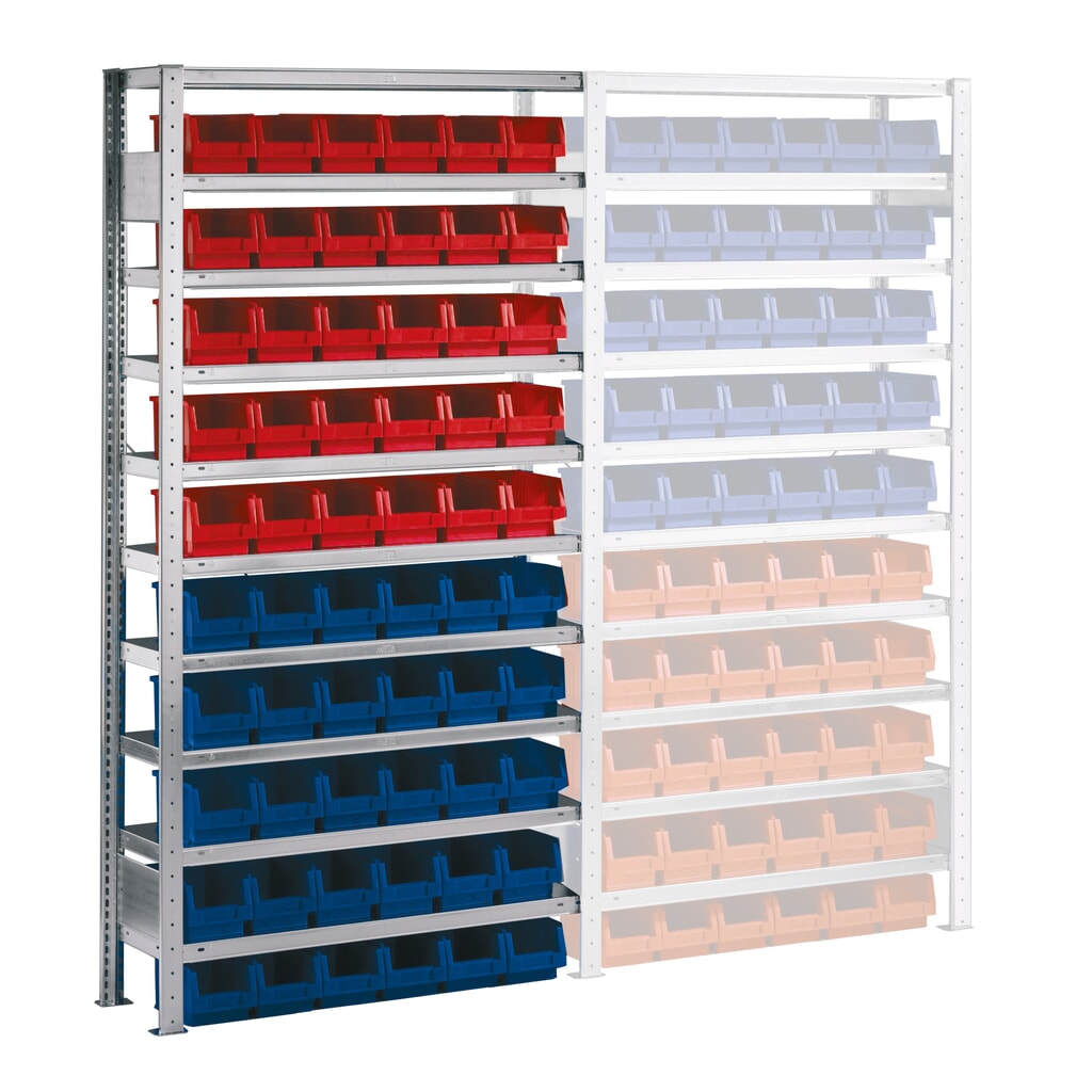 Legbordstelling META, AV met magazijnbakken, vaklast 100 kg, 60 bakken, hxbxd 2.000 x 1.000 x 300 mm Product afbeelding: Legbordstelling META, AV met magazijnbakken, vaklast 100 kg, 60 bakken, hxbxd 2.000 x 1.000 x 300 mm