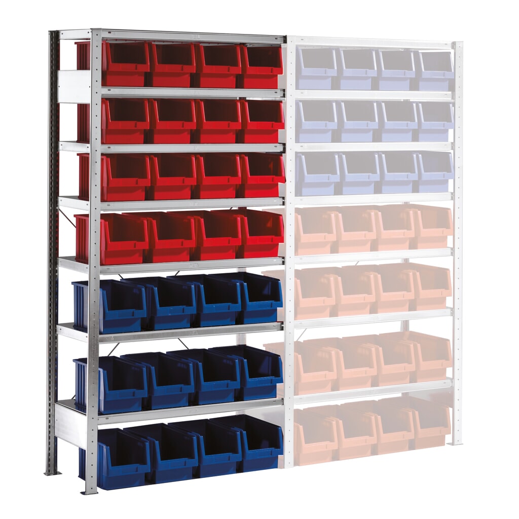 Legbordstelling META, AV met magazijnbakken, vaklast 100 kg, 28 bakken, hxbxd 2.000 x 1.000 x 400 mm Product afbeelding: Legbordstelling META, AV met magazijnbakken, vaklast 100 kg, 28 bakken, hxbxd 2.000 x 1.000 x 400 mm