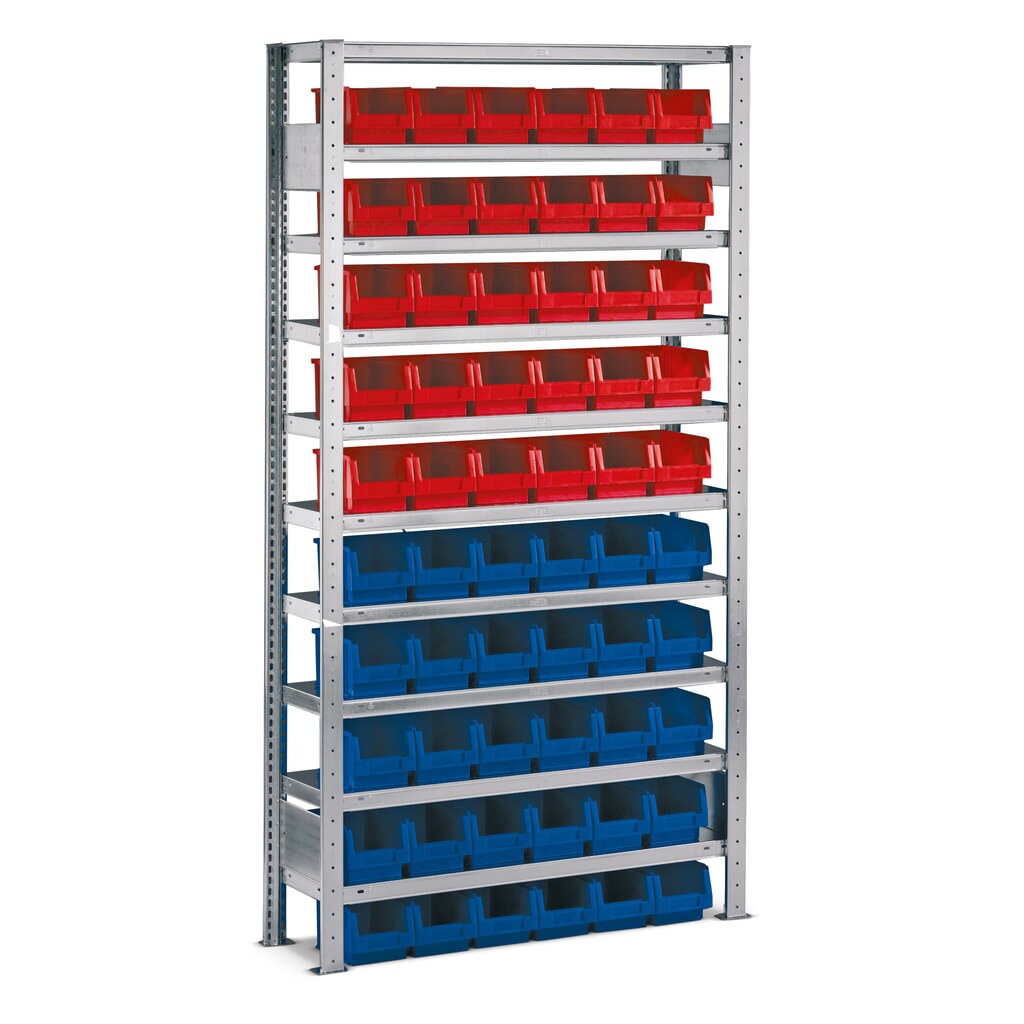 Legbordstelling META, met magazijnbakken, vaklast 100 kg, 60 bakken, hxbxd 2.000 x 1.000 x 300 mm Product afbeelding: Legbordstelling META, met magazijnbakken, vaklast 100 kg, 60 bakken, hxbxd 2.000 x 1.000 x 300 mm