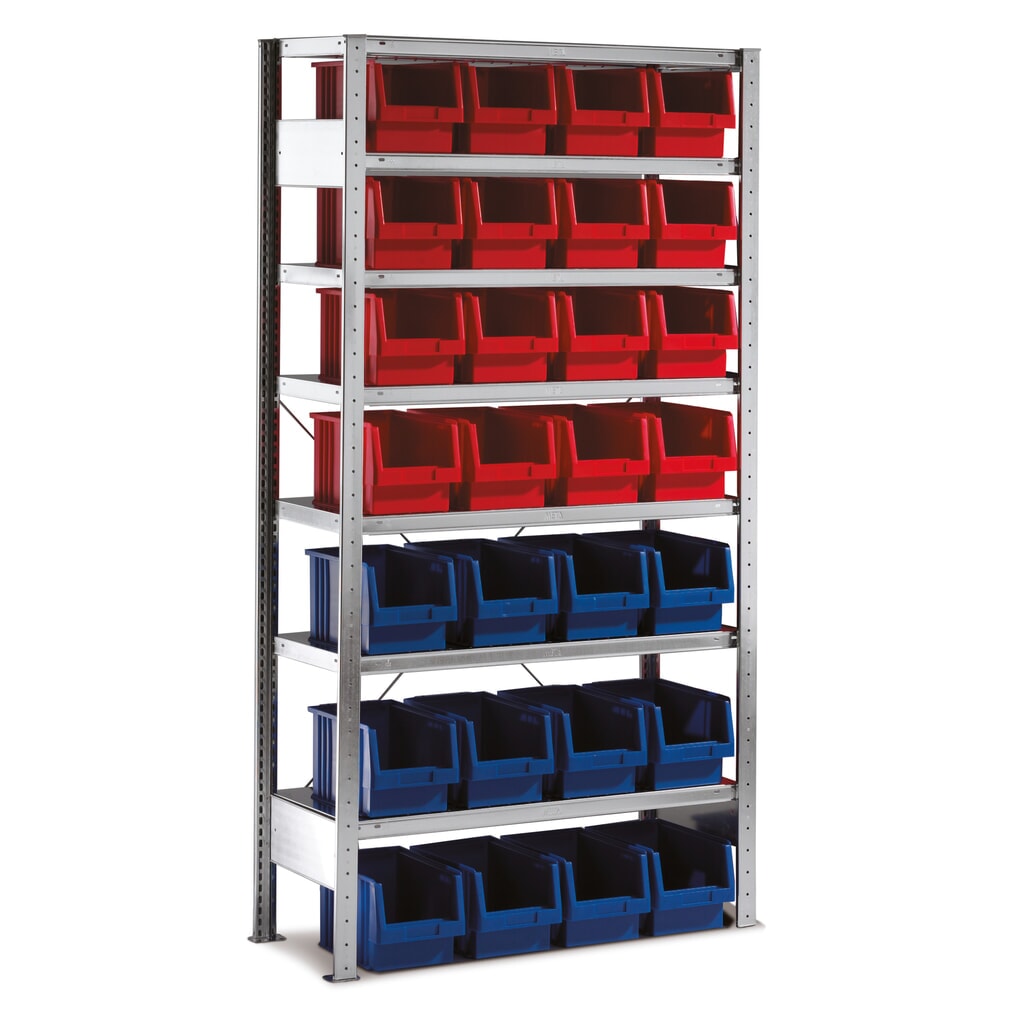 Legbordstelling META, met magazijnbakken, vaklast 100 kg, 28 bakken, hxbxd 2.000 x 1.000 x 400 mm Product afbeelding: Legbordstelling META, met magazijnbakken, vaklast 100 kg, 28 bakken, hxbxd 2.000 x 1.000 x 400 mm
