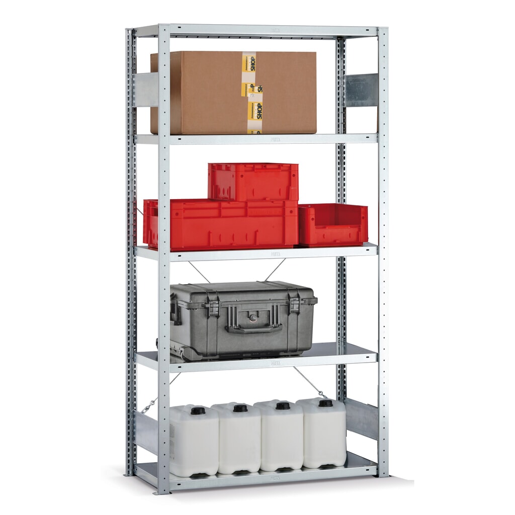 Product afbeelding: Legbordstelling META, verzinkt, met 5 legborden van plaatstaal, vaklast 150 kg, hxbxd 2.000 x 1.056 x 336 mm