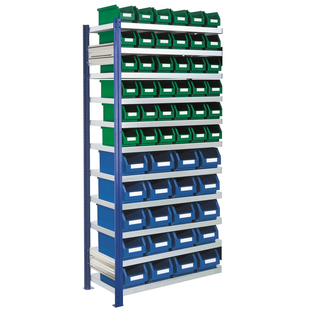 Legbordstelling RasterPlan, AV, VL 100 kg, met 56 magazijnbakken, hxbxd 2.000 x 1.000 x 400 mm Product afbeelding: Legbordstelling RasterPlan, AV, VL 100 kg, met 56 magazijnbakken, hxbxd 2.000 x 1.000 x 400 mm