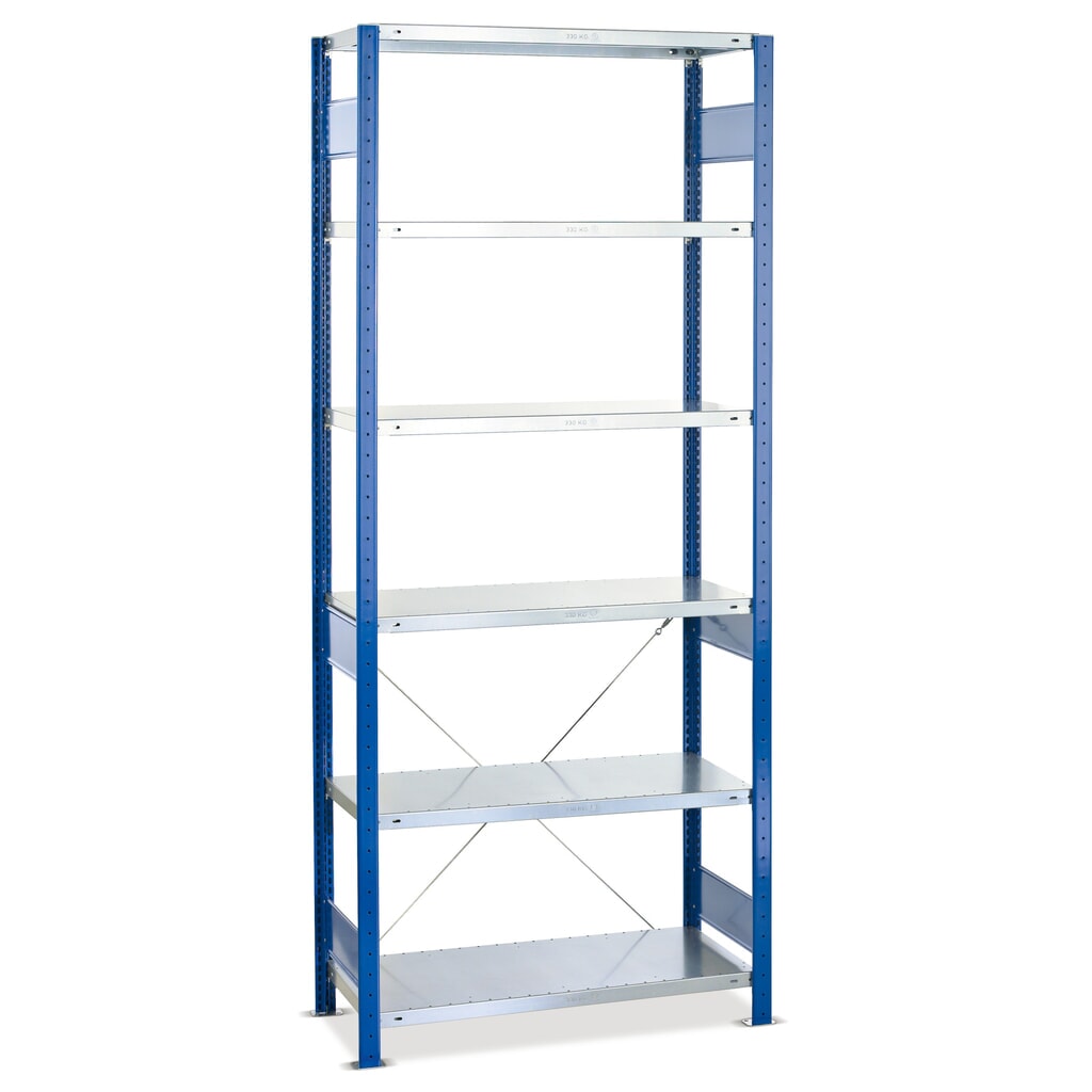 Productafbeelding nr. 1: Legbordstelling SCHULTE, gentiaanblauw / lichtgrijs, met 5 legborden van plaatstaal, vaklast 250 kg, hxbxd 2.000 x 810 x 436 mm