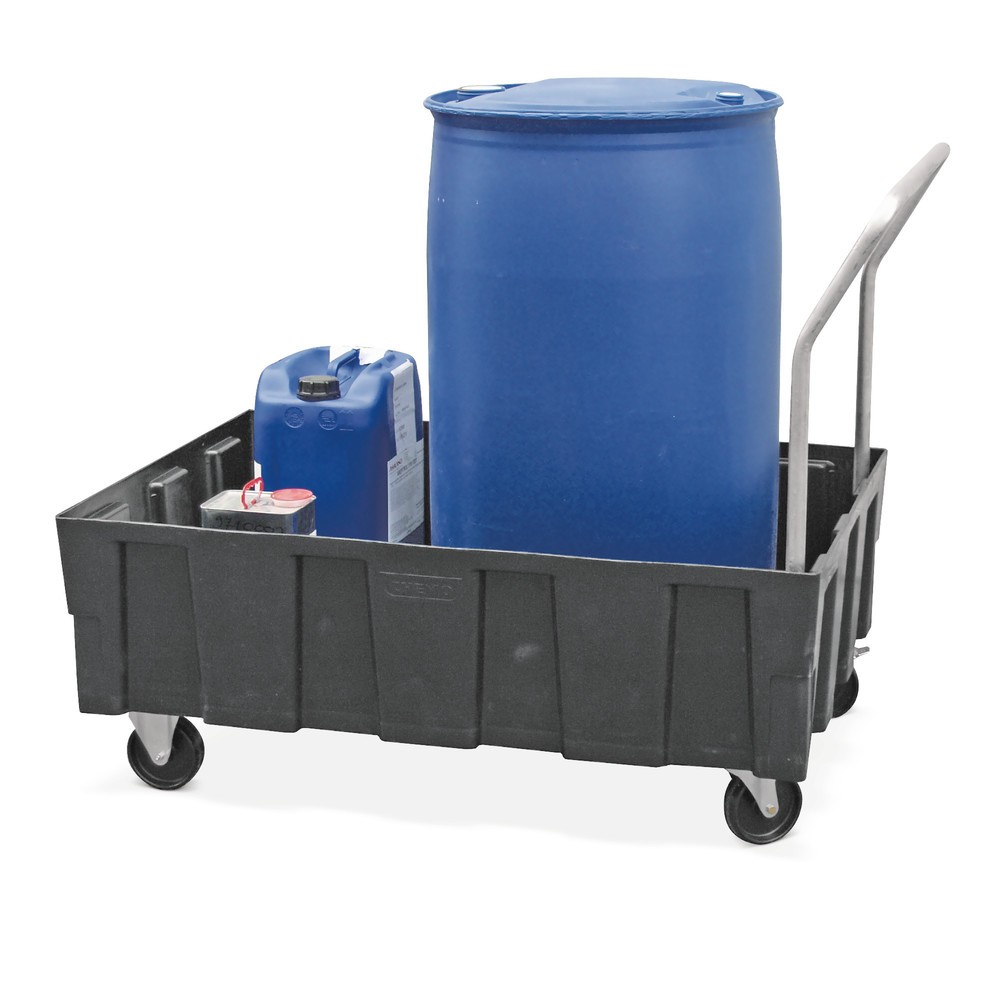 Product afbeelding: Lekbak CEMO Euro-PE 250/2, 2 zwenk- en 2 bokwielen, inhoud 224 liter, verzinkt stalen rooster