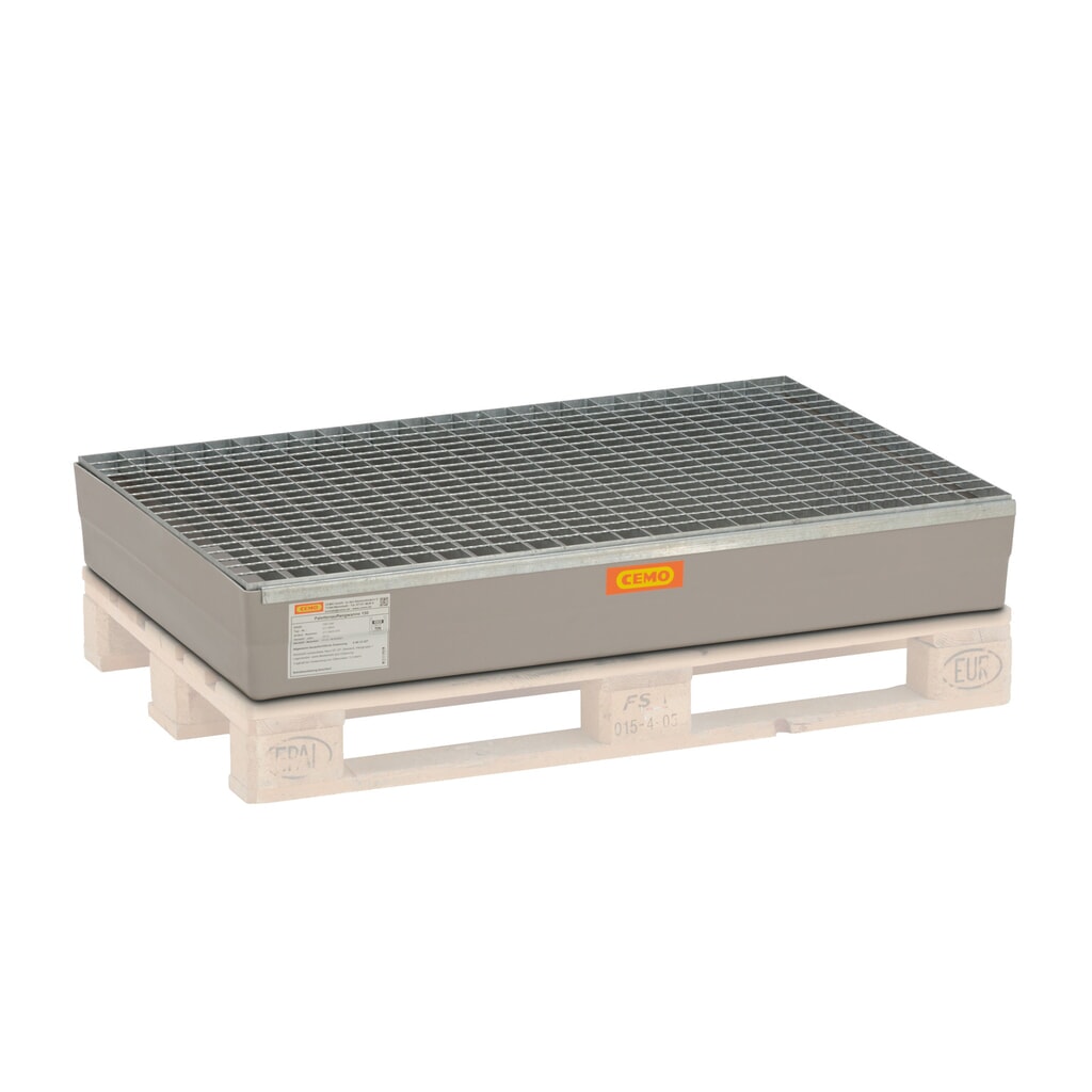 Lekbak CEMO voor 60- /200 l-vaten, palletopzetstuk, hxbxt 190 x 800 x 1.200 mm, stalen rooster Product afbeelding: Lekbak CEMO voor 60- /200 l-vaten, palletopzetstuk, hxbxt 190 x 800 x 1.200 mm, stalen rooster